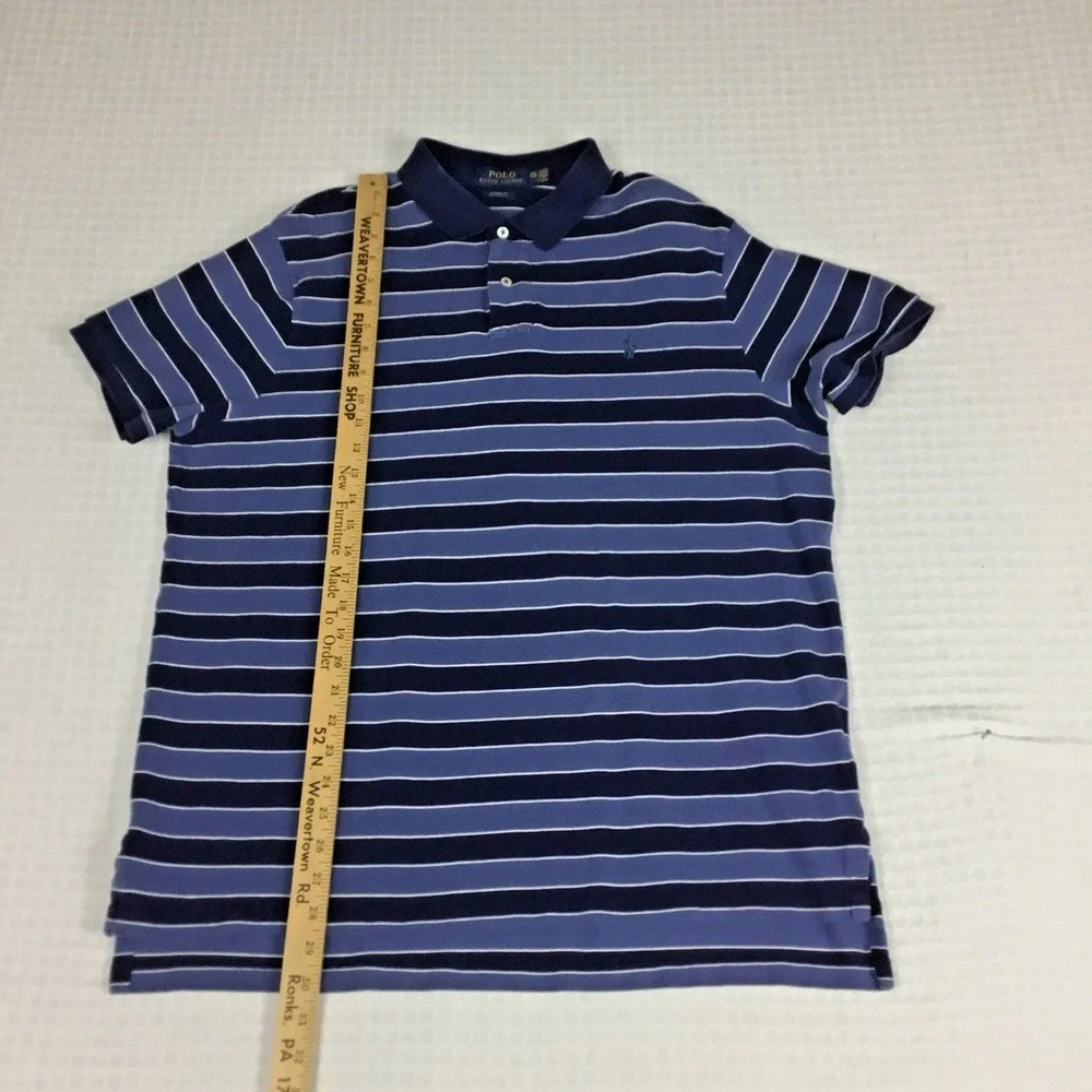 Polo Ralph Lauren Mens XXL Custom Fit Blue Striped Short Sleeve Pique Polo Shirt